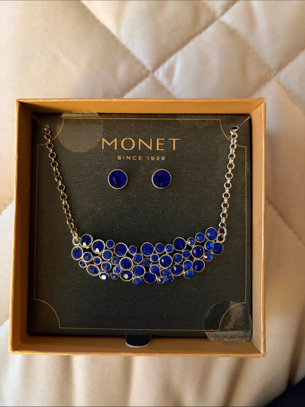 Monet Royal Blue Crystal Bib Necklace with Stud Earrings